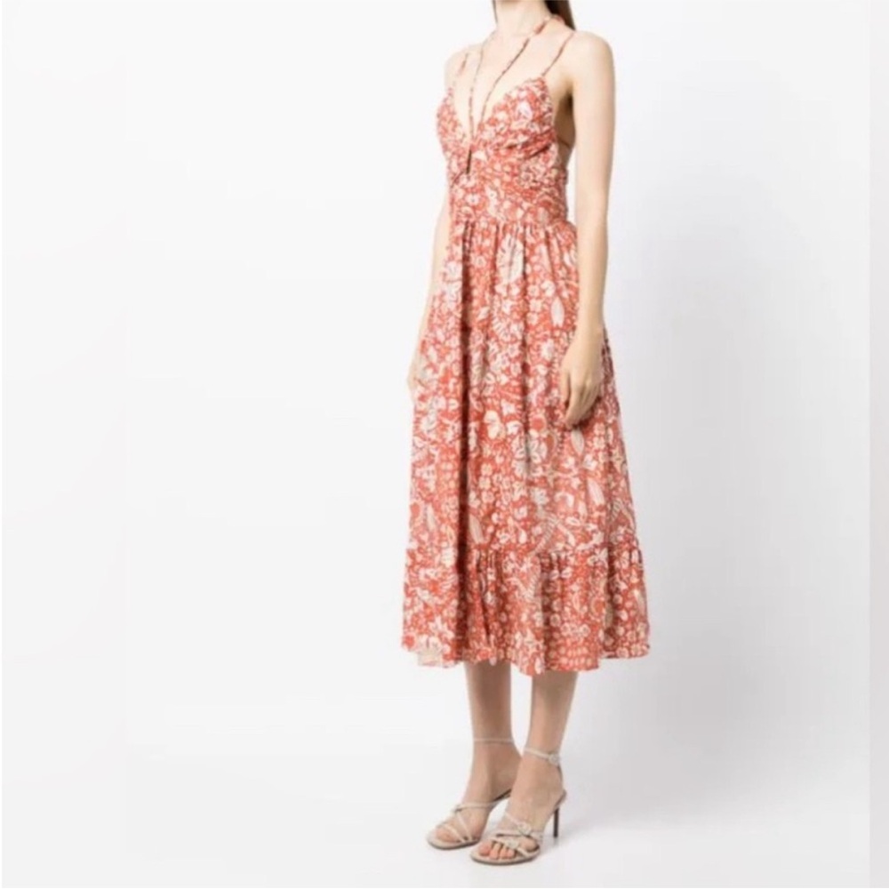 ULLA JOHNSON phoebe halter tie strap tiered midi dress in orange blossom size 2